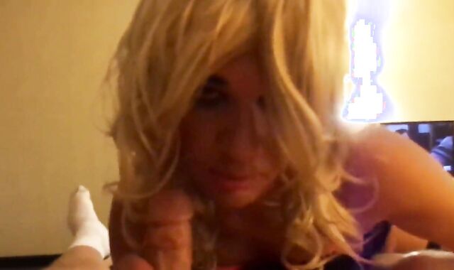 Trashy blonde crossdresser sucks two cocks