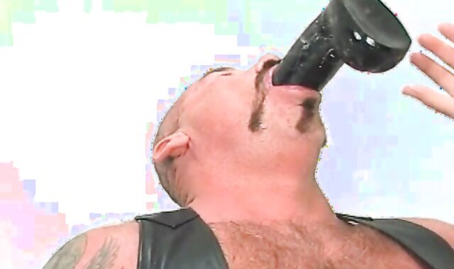 Butch leather dressed in elderly chap w/ fat faux dick