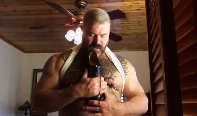 Suited Muscle Hairy man daddy Masturbates Off
