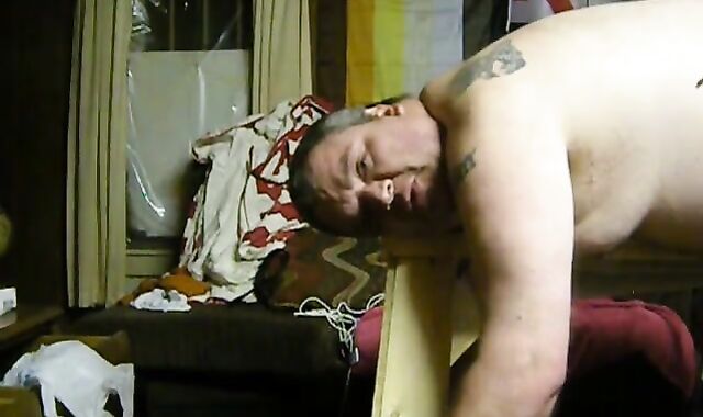 plump Dad receive fastened Up On His Sawhorse, Then Spanked And Nads Bashed.