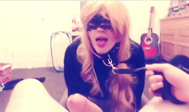 Obedient leashed crossdresser HayleyPetHarley sucks cock
