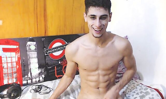 grubby muscly twink Simon Jerks His 18cm fuckpole And cum