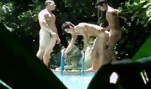 This teen enjoys to SPY on poolside trio-ways