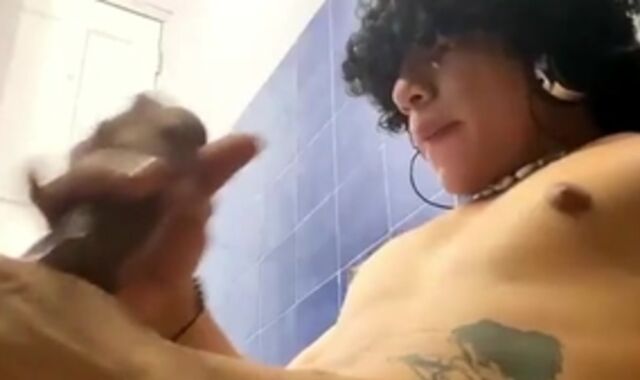 shaggy Hair Latino teenie With Tattoos Strokes Off His XXL dark salami