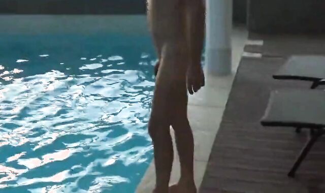 Four men at swimming pool