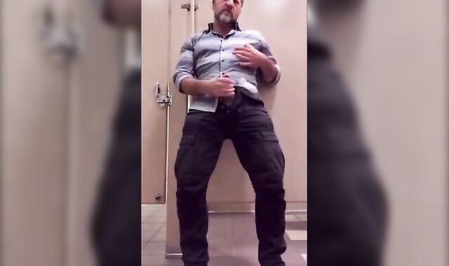 Bear Jerking Off at Work in Restoom
