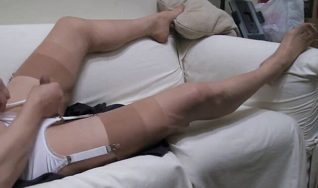 Heels, thong, beige ff stockings and triple cum.