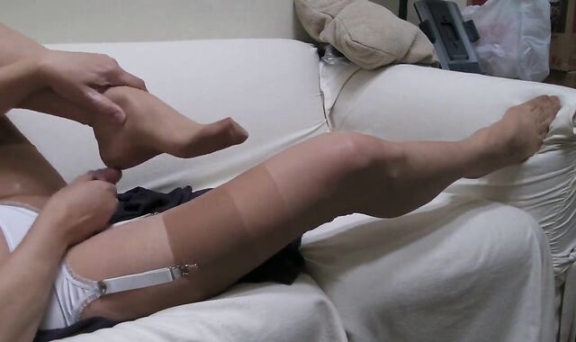 Heels, thong, beige ff stockings and triple cum.