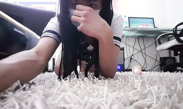 Asian Crossdresser Masturbates with Sex Toy