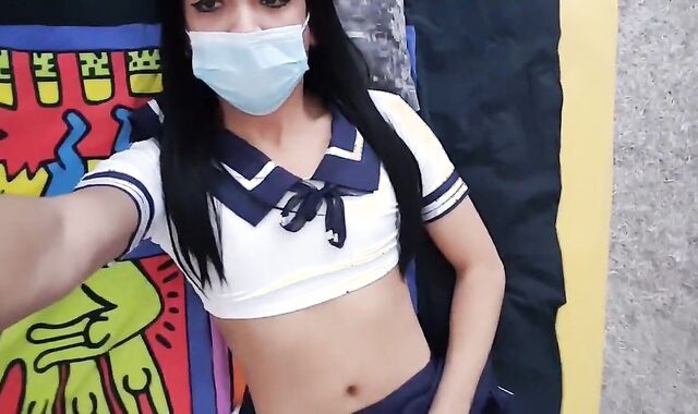 Asian Crossdresser Masturbates with Sex Toy