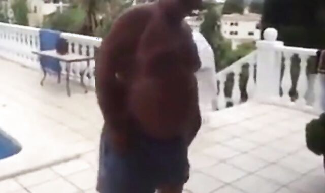 Fat Latin Daddy Strips Outdoors with His Bear