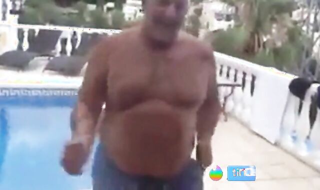 Fat Latin Daddy Strips Outdoors with His Bear