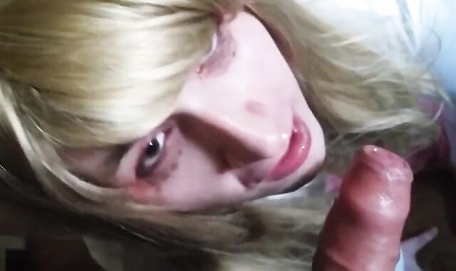 Blonde Crossdresser Swallows Huge Load from Older Man