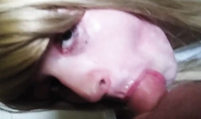 Blonde Crossdresser Swallows Huge Load from Older Man