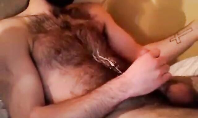 Hairy Stud Shoots Cum All Over Himself
