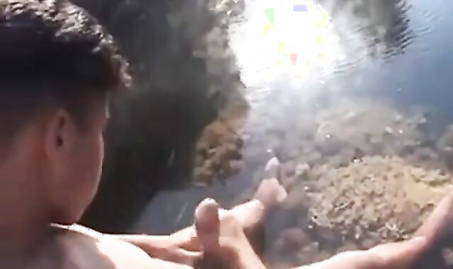 Arab Twink Strokes His Big Dick Outdoors by the Beach