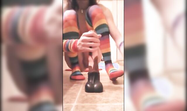 Crossdresser Femboy Rides Dildo and Jerks Off