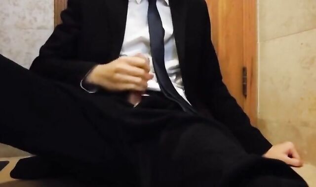 Bareback Student in the WC Takes a Cum Tribute Handjob