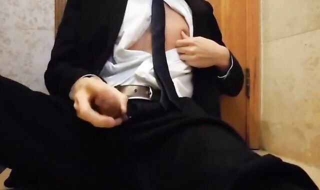 Bareback Student in the WC Takes a Cum Tribute Handjob