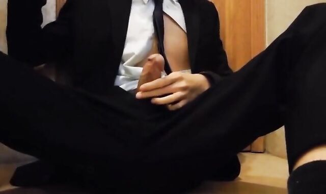 Bareback Student in the WC Takes a Cum Tribute Handjob