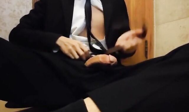 Bareback Student in the WC Takes a Cum Tribute Handjob