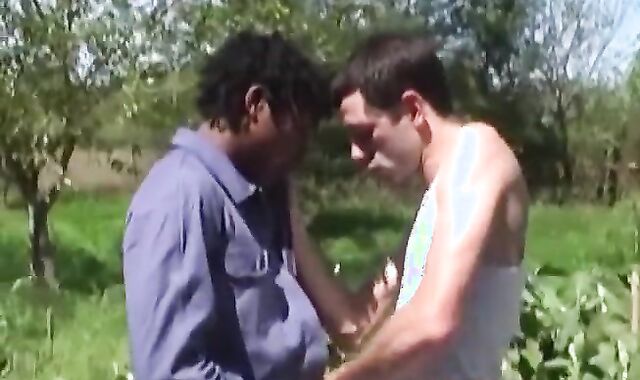 Youthful European Faggots Nailing Ebony Bone in Outdoor Three way