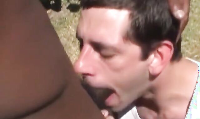 Youthful European Faggots Nailing Ebony Bone in Outdoor Three way