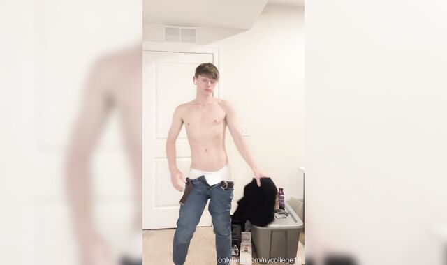 Draped Ash-blonde Youngster Undresses Down To Tighty Whities And Displays Enormous Spunk-pump