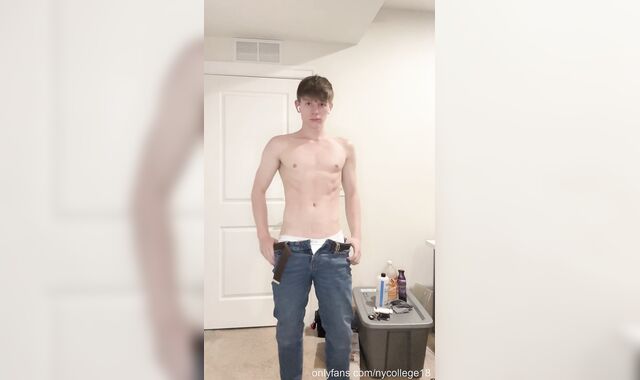 Draped Ash-blonde Youngster Undresses Down To Tighty Whities And Displays Enormous Spunk-pump