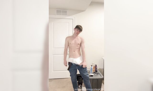 Draped Ash-blonde Youngster Undresses Down To Tighty Whities And Displays Enormous Spunk-pump