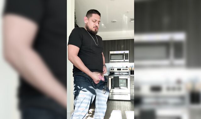 Tugging my immense Brazilian stiffy after work.