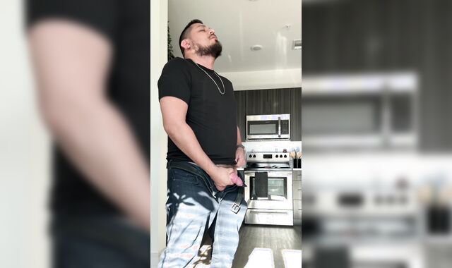 Tugging my immense Brazilian stiffy after work.