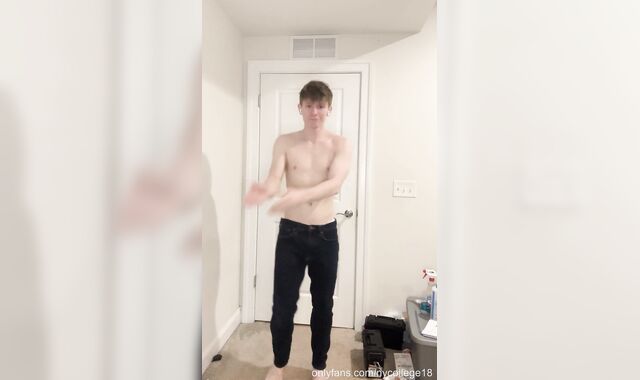 Dangled platinum-blonde lad claps forearms and loses clothes