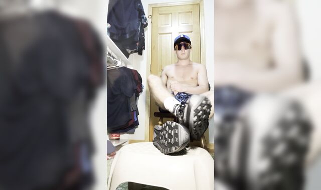 Teenager wanks and thumbs milky Nike socks