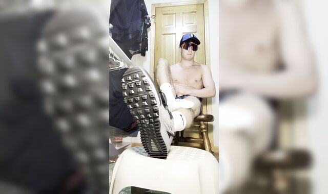 Teenager wanks and thumbs milky Nike socks