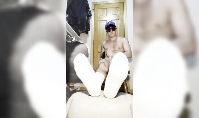 Teenager wanks and thumbs milky Nike socks