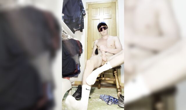 Teenager wanks and thumbs milky Nike socks