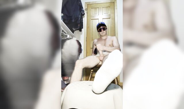 Teenager wanks and thumbs milky Nike socks