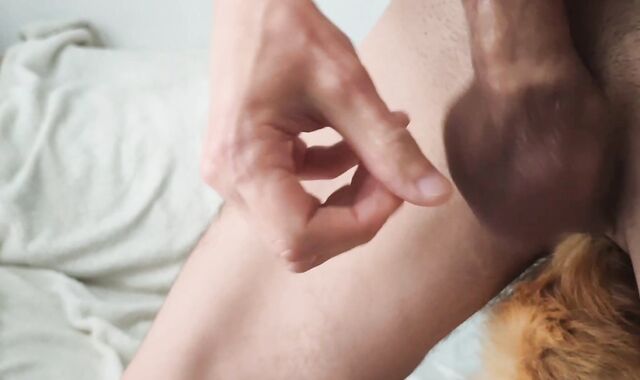 Teenager with XXL dinky and rectal pigtail wanks off cruelly spunking