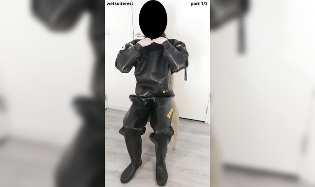 Putting on powerful protection Viking drysuit, gasmask, spandex mask and rubber