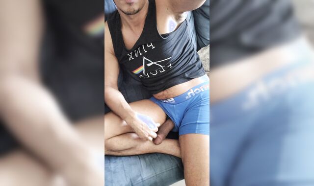 Pulls hefty chisel from undergarments and faps on sofa (ambisexual strung up biracial exhibitionist)