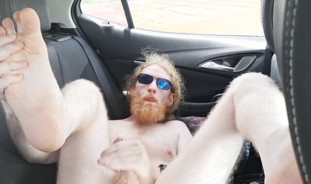 Perspiring ginger in camper is too steamy for his clothes and jerks off nude
