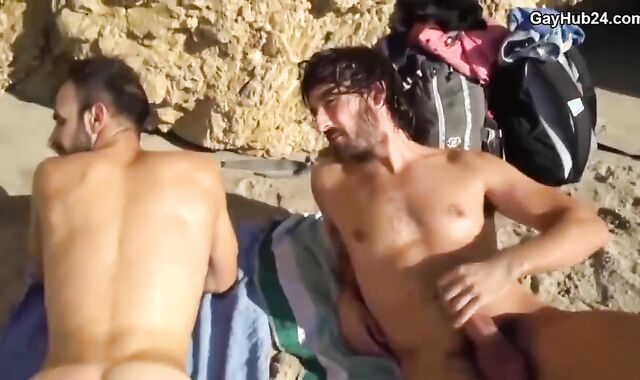 massive hard-ons jerking At The Beach With fluid stream. non-pro Outdoor