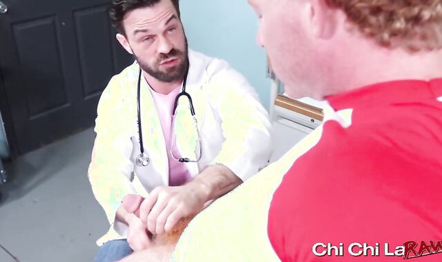 Doctor James Fox entices wooly light-haired patient Bennett Anthon