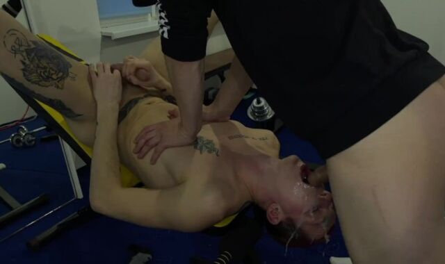 The coach poked the student in the gym and finished him all over his gullet and face