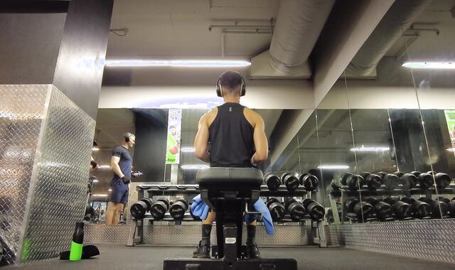 Asian gym mate tops a victim white hairy man protection-free-for-all | Back & side view