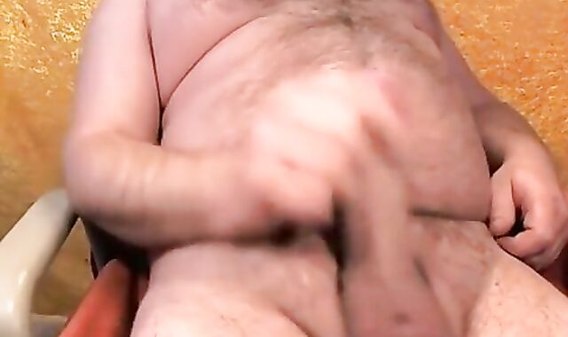 Jerking and cumming dick cum on fat bear cub belly, big cock