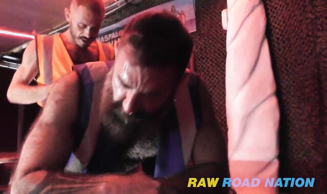 Leans him over and heads BB into this builder bloke