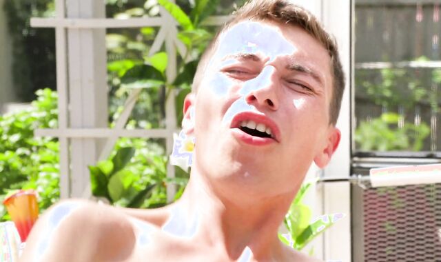 Helix twink Silas Brooks poking Keagan Case outside on the patio.