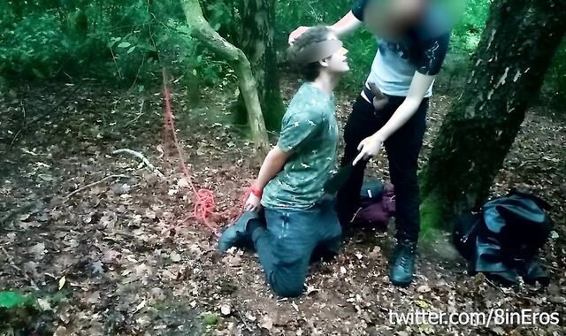 Sub gets trussed to a tree and blow-job's Dom Eros